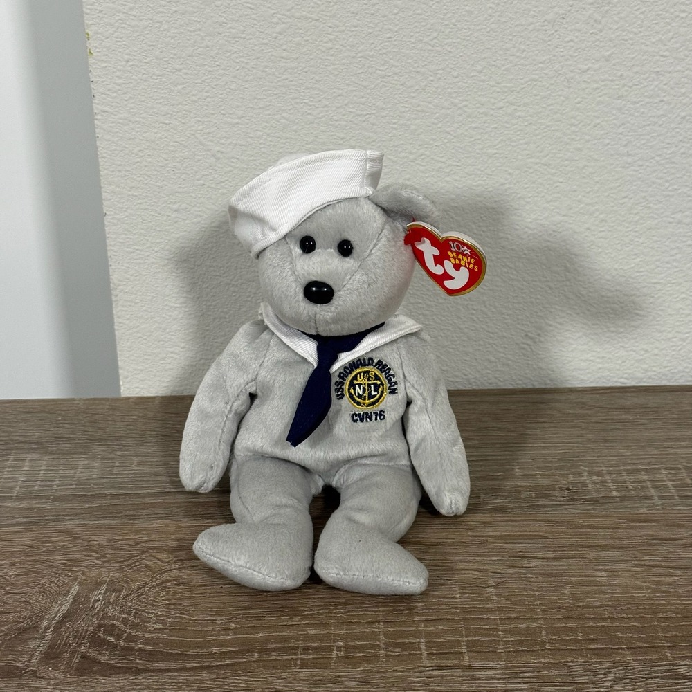 Ty Beanie Baby Ronnie USS Ronald Reagan Sailor Bear Grey Plush 2003 10th Anniv